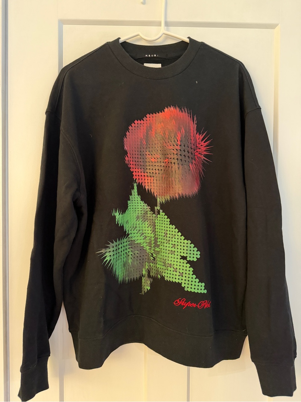 Ksubi Black Crewneck with Red and Green Pixel Rose Graphic